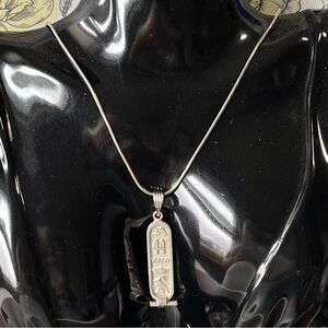 Vintage Egyptian hieroglyph sterling silver pendant and chain necklace. 16”